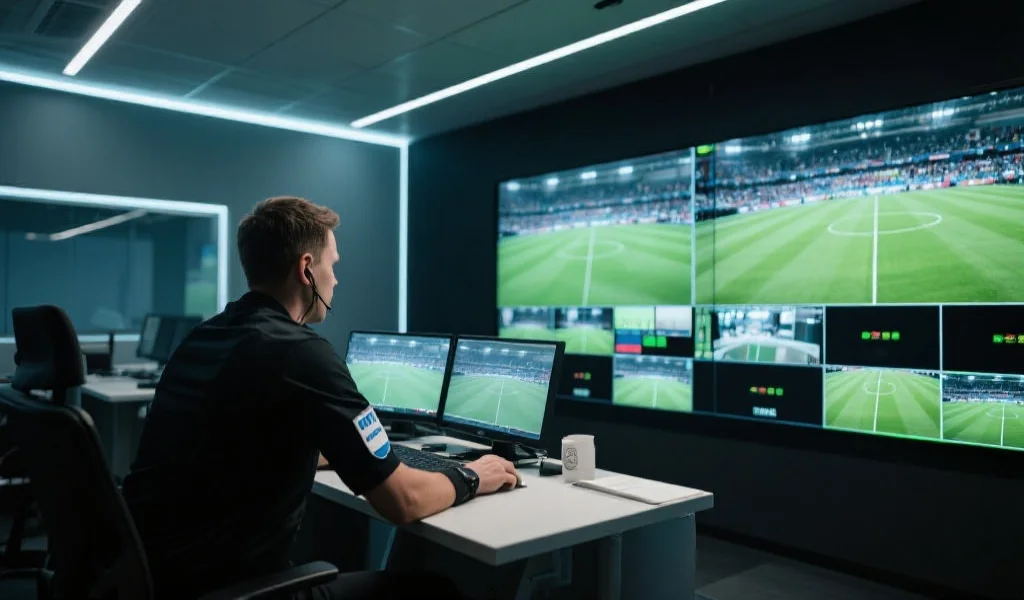 一间现代化足球比赛的视频回放室,裁判员正专注地分析多角度录像画面