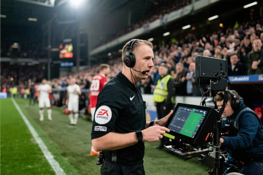 足球场上裁判通过耳机与视频助理团队沟通,球员和观众焦急等待判罚结果的场景