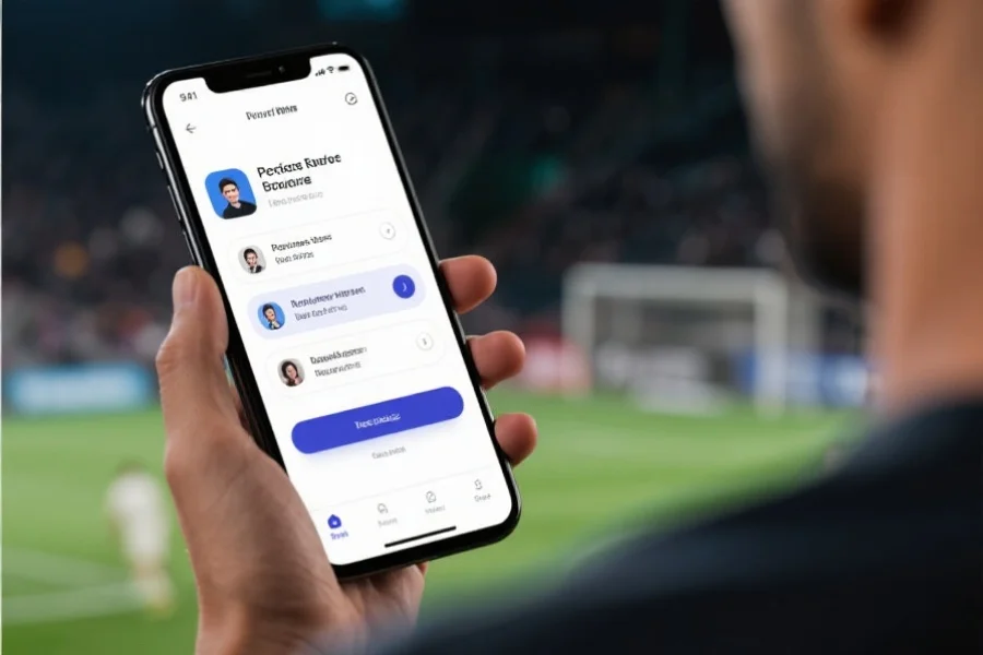 用户在移动设备上设置个性化赛事提醒，应用界面显示推送通知和互动社区