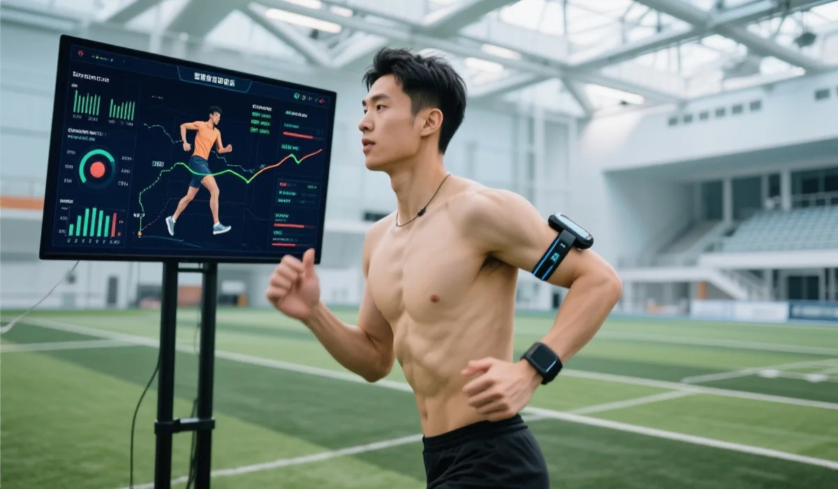 运动员佩戴智能设备进行训练,实时数据显示在屏幕上